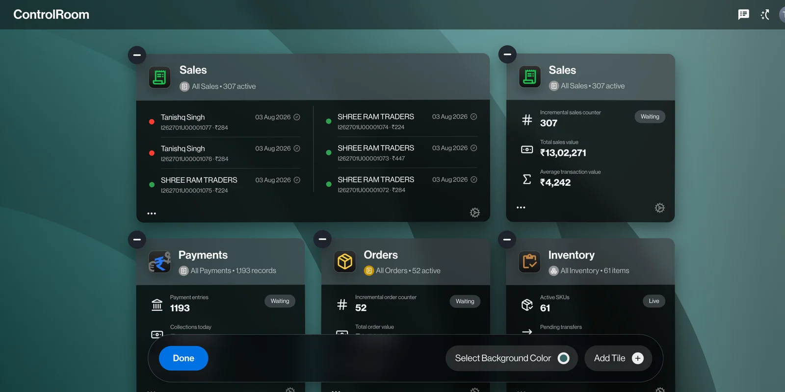 Actual ControlRoom home screen with tile arrangement controls open