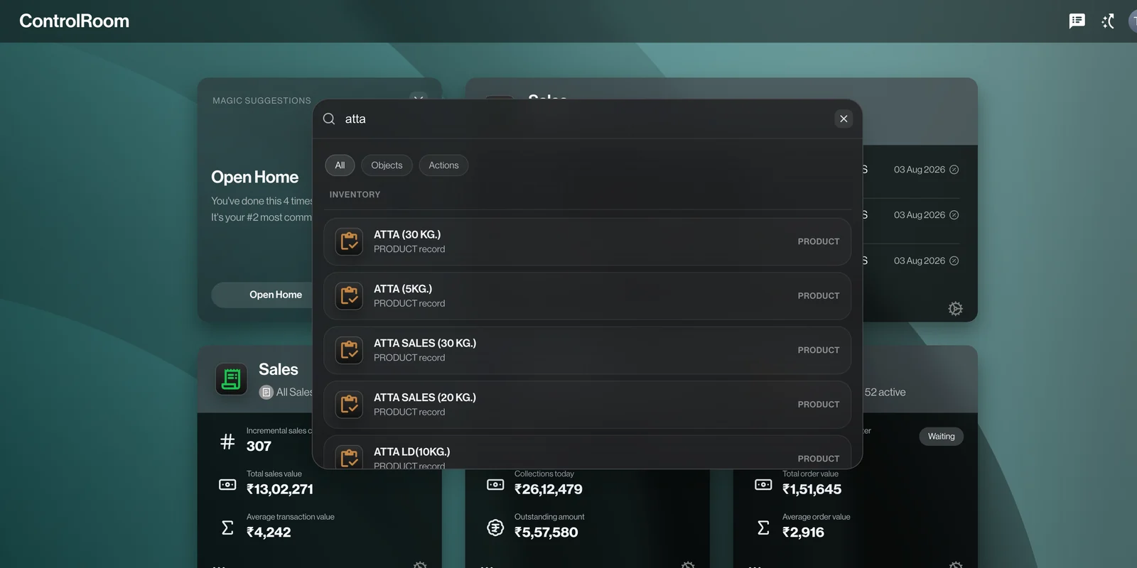 Actual ControlRoom Magic Search displaying matches for a product query